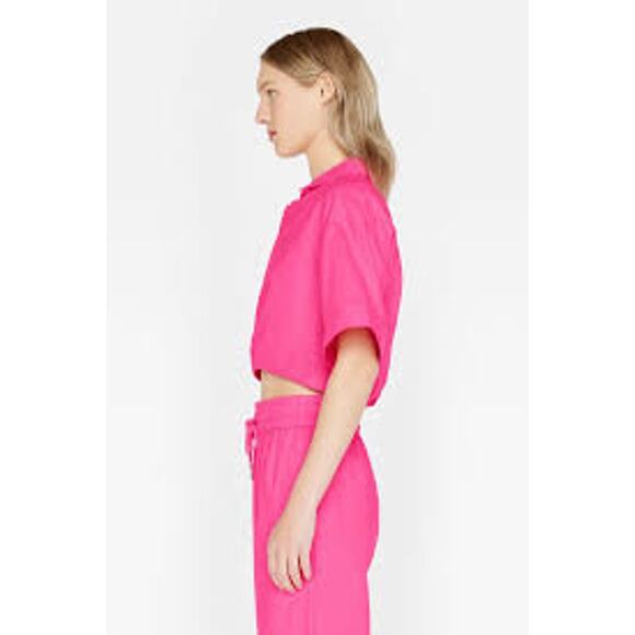 FRAME Denim Cropped Twist Front Shirt Linen Pink Flamingo LWSH2828-FLAM Small S - Picture 3 of 8